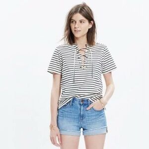 NEW MADEWELL Top Women’s Medium short sleeve lace-up front BlueStriped Nautical